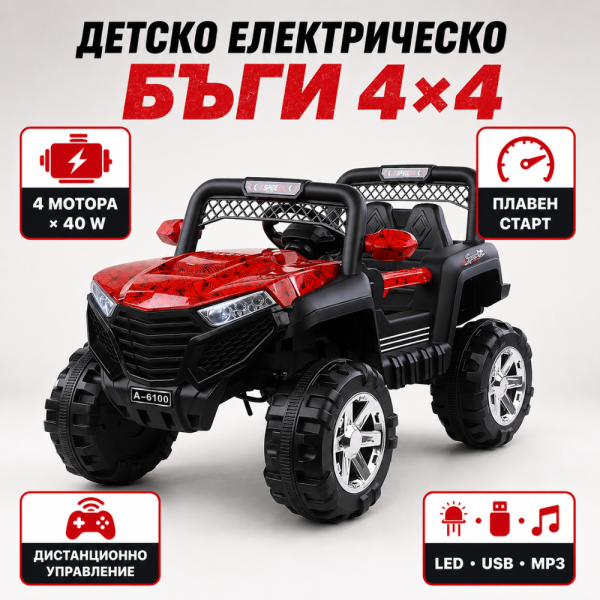 Детско електрическо бъги 4×4 с дистанционно, LED, USB и MP3 – 4 мотора, червено