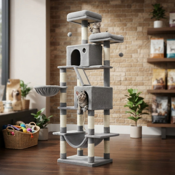 Драскалка за котки Light Gray 206 см – XXL катерушка с 2 къщички, хамак и площадки