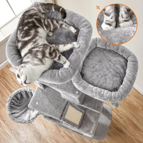 Драскалка за котки Light Gray 206 см – XXL катерушка с 2 къщички, хамак и площадки 2