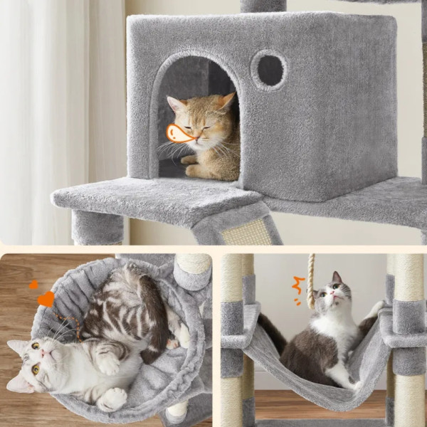 Драскалка за котки Light Gray 206 см – XXL катерушка с 2 къщички, хамак и площадки