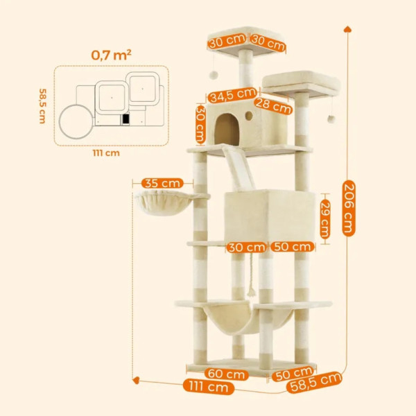 Драскалка за котки Beige 206 см – XXL катерушка с 2 къщички, хамак и площадки 3