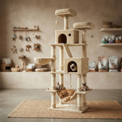 Драскалка за котки Beige 206 см – XXL катерушка с 2 къщички, хамак и площадки