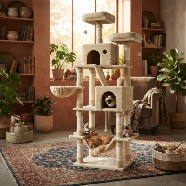 Драскалка за котки Beige 206 см – XXL катерушка с 2 къщички, хамак и площадки 2