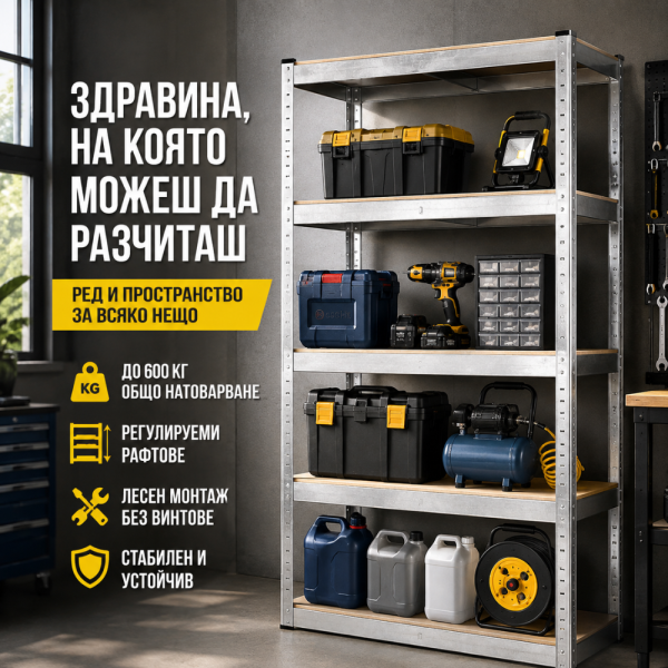 Метален гаражен стелаж 180×90×40 см – 600 кг товароносимост, 4 регулируеми МДФ рафта 4