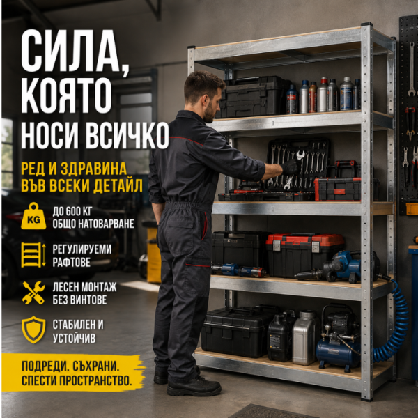 Метален гаражен стелаж 180×90×40 см – 600 кг товароносимост, 4 регулируеми МДФ рафта