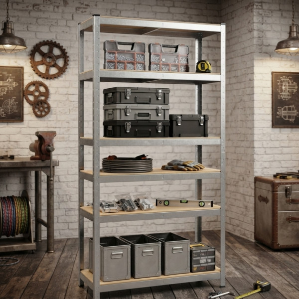 Метален стелаж с 5 рафта – 875 кг товароносимост, 180 × 90 × 30 см, сребрист