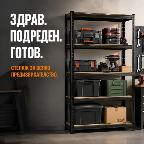 Черен метален гаражен стелаж 700 кг – 4 регулируеми рафта, безвинтов монтаж, 172 × 80 × 30 см 2
