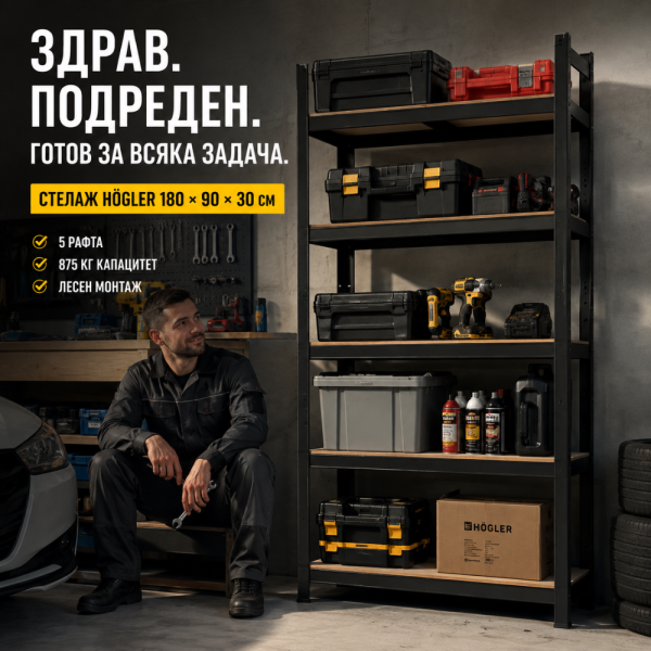Метален гаражен стелаж HÖGLER – 5 регулируеми рафта, 875 кг товароносимост, 180 × 90 × 30 см