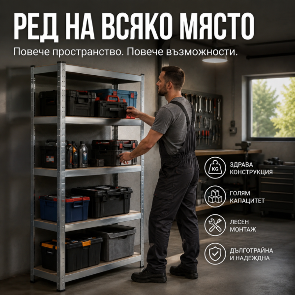 Метален гаражен стелаж 750 кг, 5 регулируеми рафта, 180×90×40 см – Здрав, стабилен и безвинтов монтаж