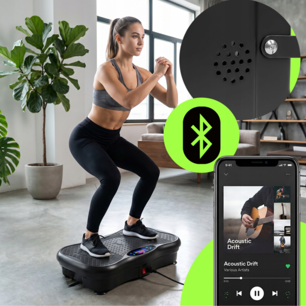 Вибрационна платформа 150W с Bluetooth, дистанционно и ластици – до 150 кг