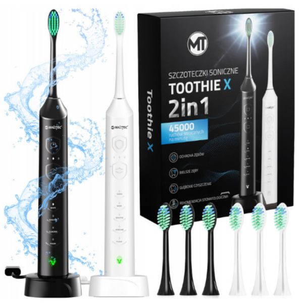 Комплект от 2 броя електрическа звукова четка Toothie X 2в1 с 6 накрайника и зарядна база