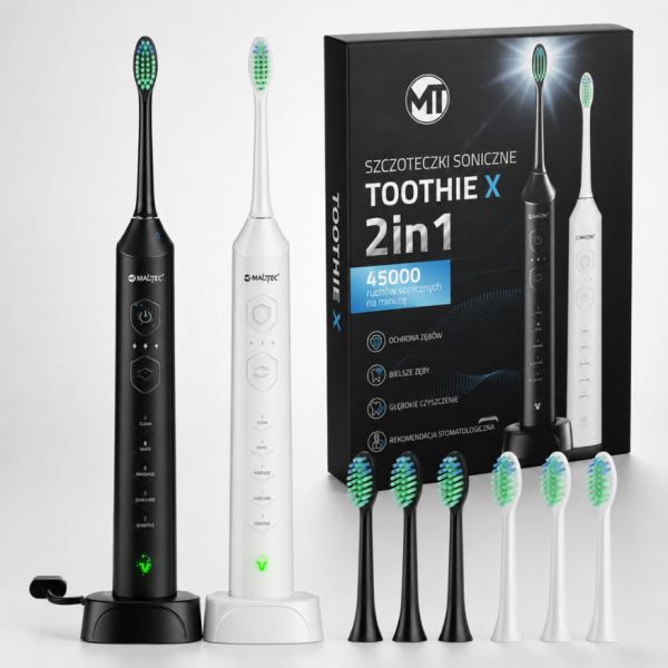 Комплект от 2 броя електрическа звукова четка Toothie X 2в1 с 6 накрайника и зарядна база 1