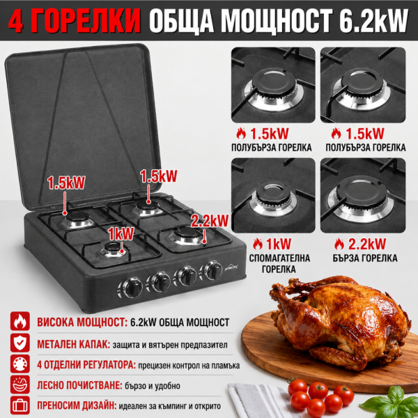 Мощен газов котлон 6,2 kW с 4 горелки и капак – Комплект с маркуч и регулатор