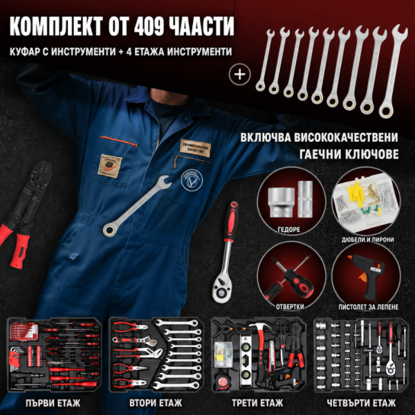 Професионален куфар с инструменти 409 части с колела и телескопична дръжка – Пълен комплект за ремонт и монтаж