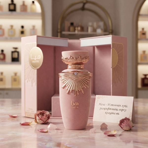Дамски парфюм Lattafa Haya Eau de Parfum 100 мл – флорално-плодов аромат в луксозна подаръчна кутия