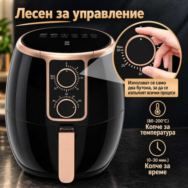 Фритюрник с горещ въздух 3,7 L - Мощен с регулируема температура 80–200°C и таймер