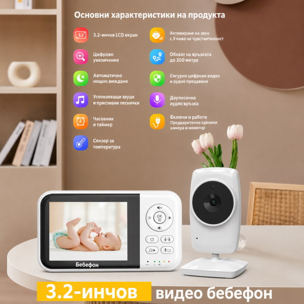 Бебефон NannyEye Lite с камера и 3.2″ дисплей, нощно виждане, VOX и двупосочна връзка