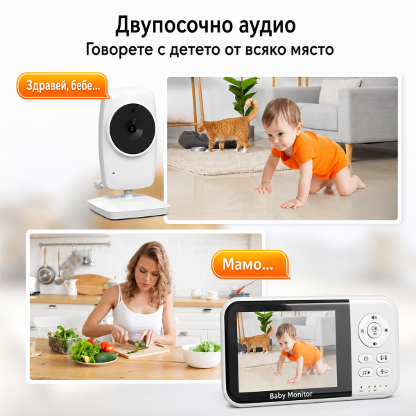 Бебефон NannyEye Lite с камера и 3.2″ дисплей, нощно виждане, VOX и двупосочна връзка 4