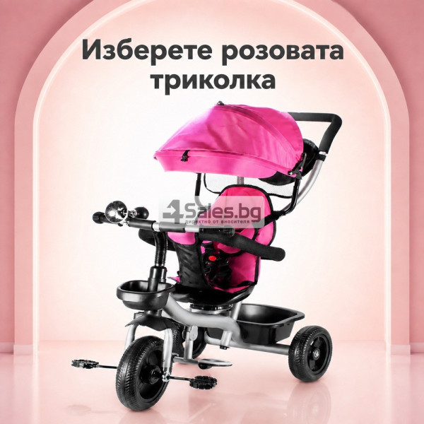 Розова детска триколка с въртяща се седалка и сенник 8