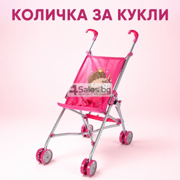 Сгъваема розова количка тип чадър за кукли с еднорог 1