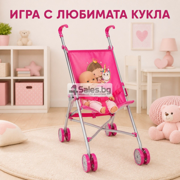 Сгъваема розова количка тип чадър за кукли с еднорог 2