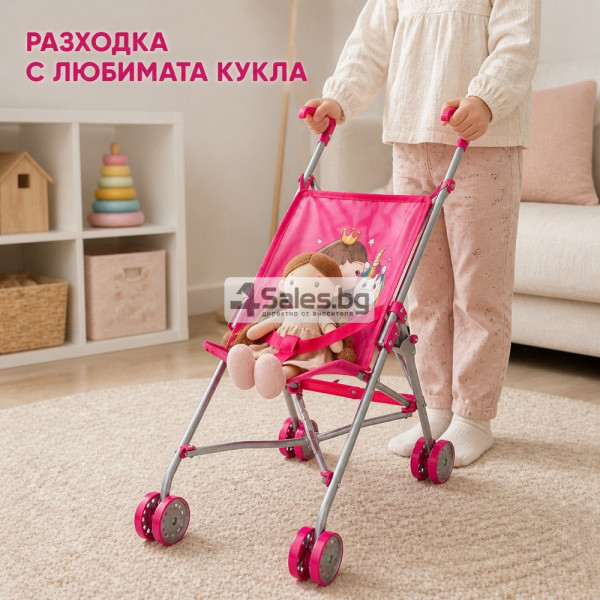 Сгъваема розова количка тип чадър за кукли с еднорог 4