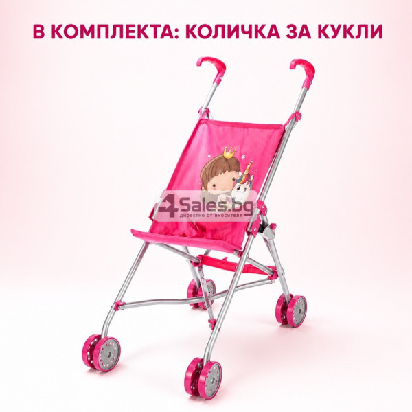 Сгъваема розова количка тип чадър за кукли с еднорог 5