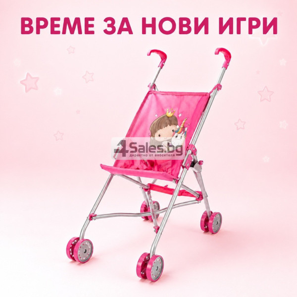 Сгъваема розова количка тип чадър за кукли с еднорог 8