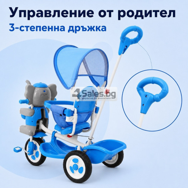 Детска триколка Слонче със сенник и родителска дръжка, синя 3