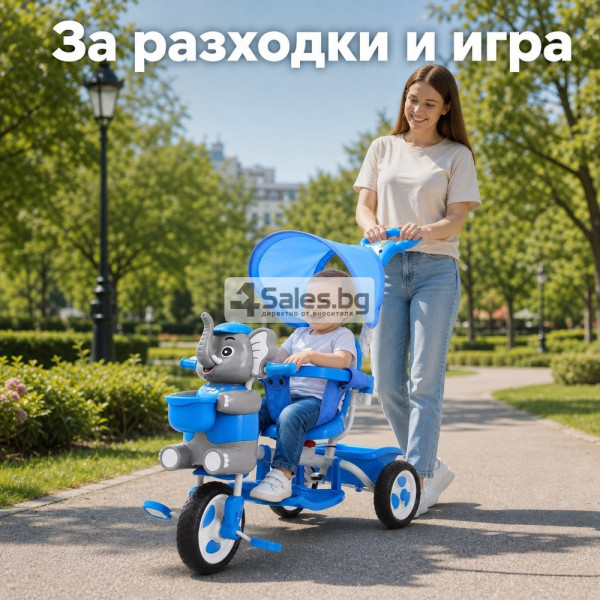 Детска триколка Слонче със сенник и родителска дръжка, синя