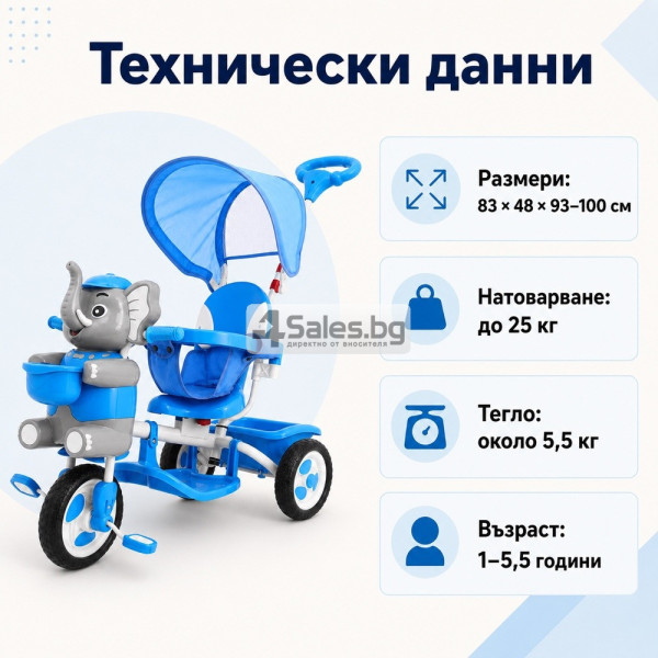 Детска триколка Слонче със сенник и родителска дръжка, синя