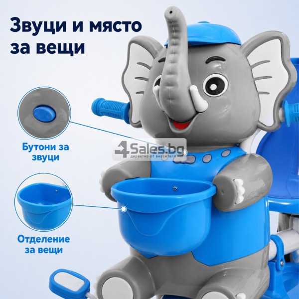 Детска триколка Слонче със сенник и родителска дръжка, синя 7
