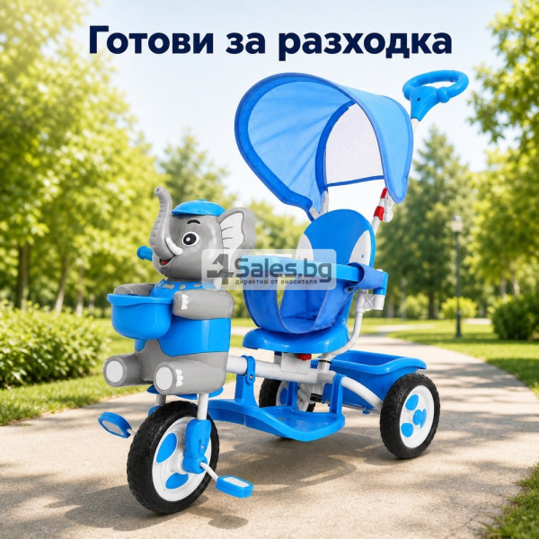 Детска триколка Слонче със сенник и родителска дръжка, синя 8