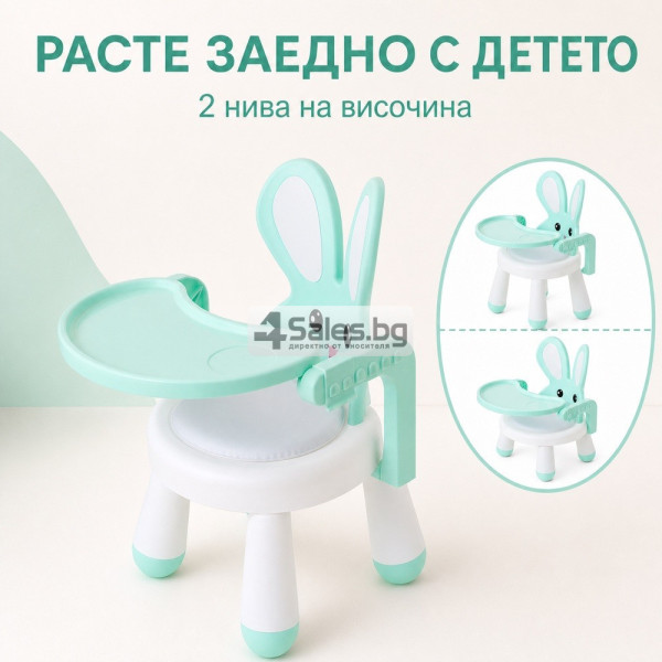 Детско столче с масичка за хранене и игра, ментово, зайче 2
