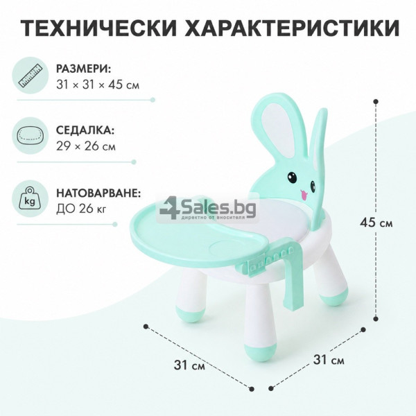 Детско столче с масичка за хранене и игра, ментово, зайче
