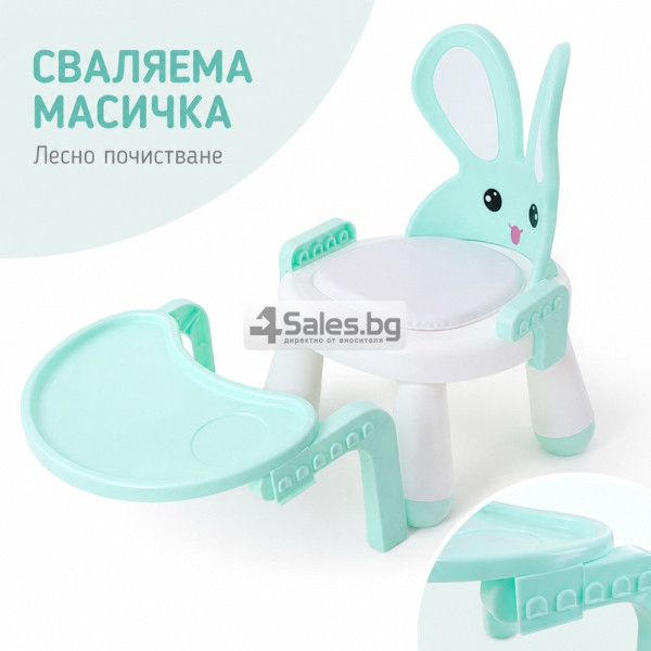 Детско столче с масичка за хранене и игра, ментово, зайче 7