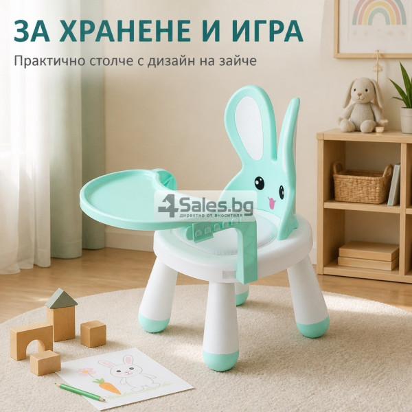 Детско столче с масичка за хранене и игра, ментово, зайче 8
