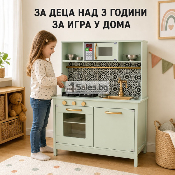 Детска дървена кухня с аксесоари, светлини и звуци, ментов цвят 4
