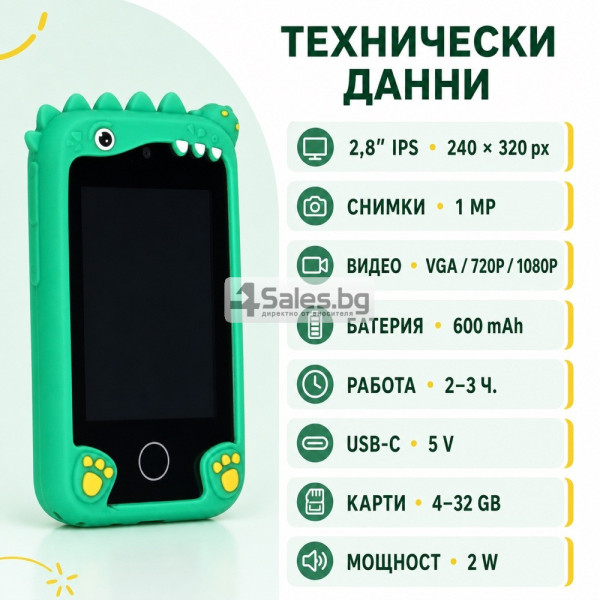 Детски смарт телефон с камера и 8 GB карта – зелен динозавър