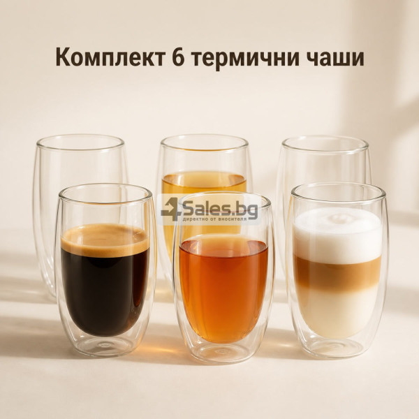 Комплект от 6 стъклени чаши с двойни стени за топли и студени напитки, 350 мл 2