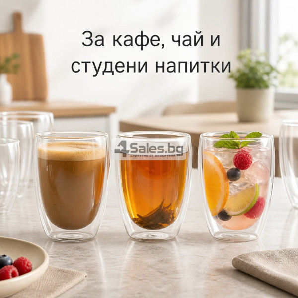Комплект от 6 стъклени чаши с двойни стени за топли и студени напитки, 350 мл 4