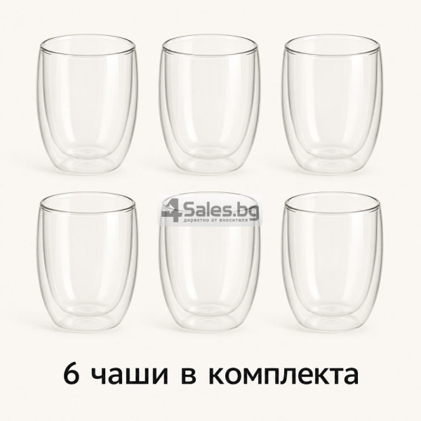 Комплект от 6 стъклени чаши с двойни стени за топли и студени напитки, 350 мл 5