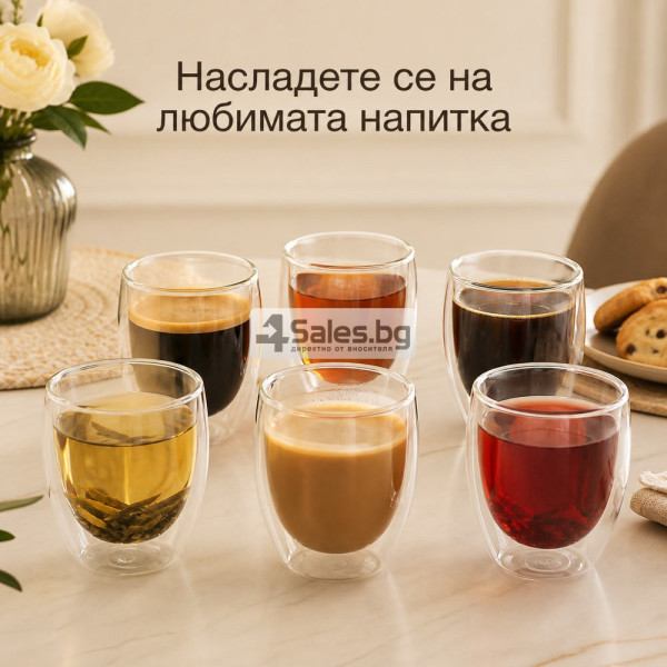 Комплект от 6 стъклени чаши с двойни стени за топли и студени напитки, 350 мл