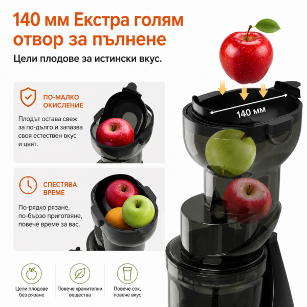 Бавна сокоизстисквачка с XXL отвор 140 мм – цели плодове, 150W