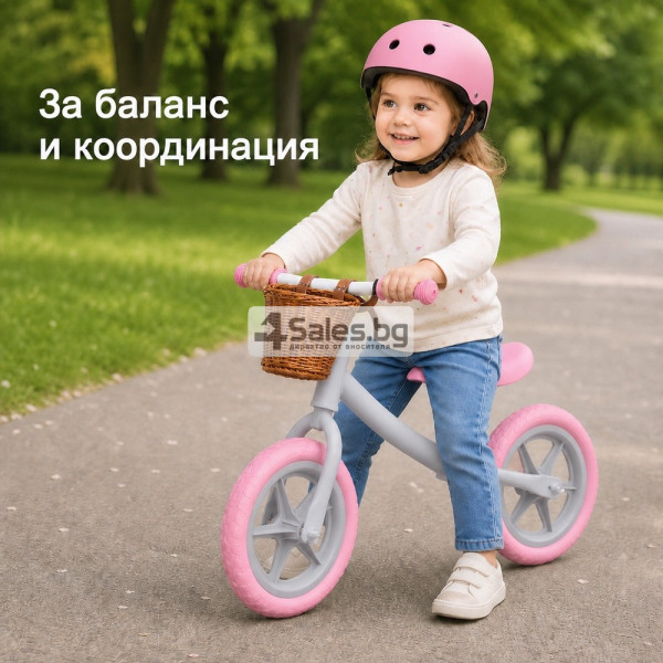 Детско баланс колело с кошница – леко, удобно и регулируемо, 2–4 години, розово
