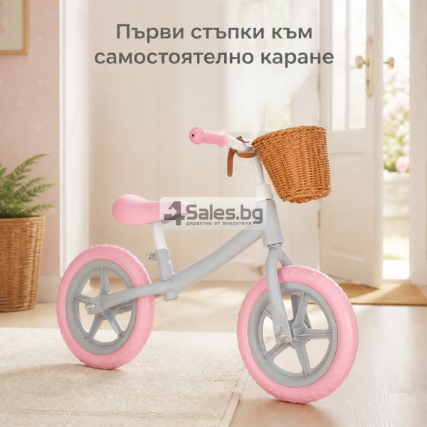 Детско баланс колело с кошница – леко, удобно и регулируемо, 2–4 години, розово