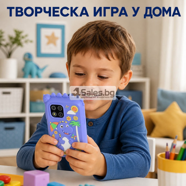 Детски смарт телефон с камера и 8 GB карта – син динозавър