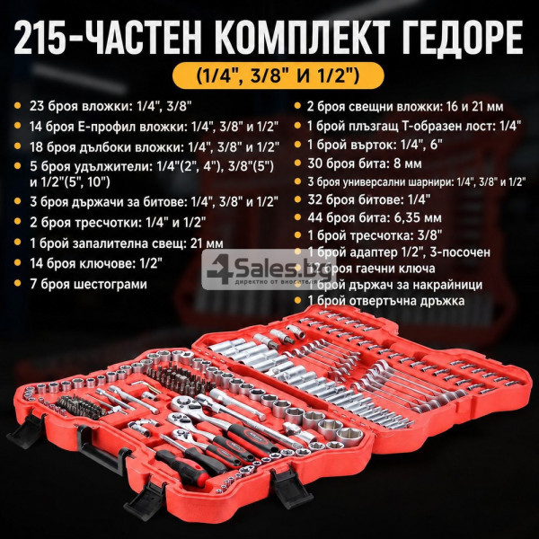 Комплект гедоре от 215 части - всичко под ръка в удобен куфар