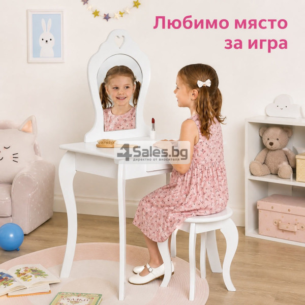 Комплект детска тоалетка с огледало и табуретка – бяла