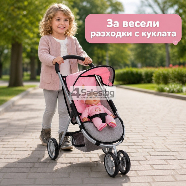 Детска количка за кукли със сенник, предпазен колан и кошница